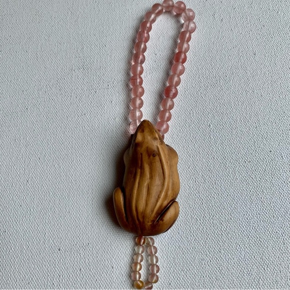Antique Vintage Japanese Carved Wood Netsuke Frog Beaded Bracelet Finger Ring - Picture 1 of 14
